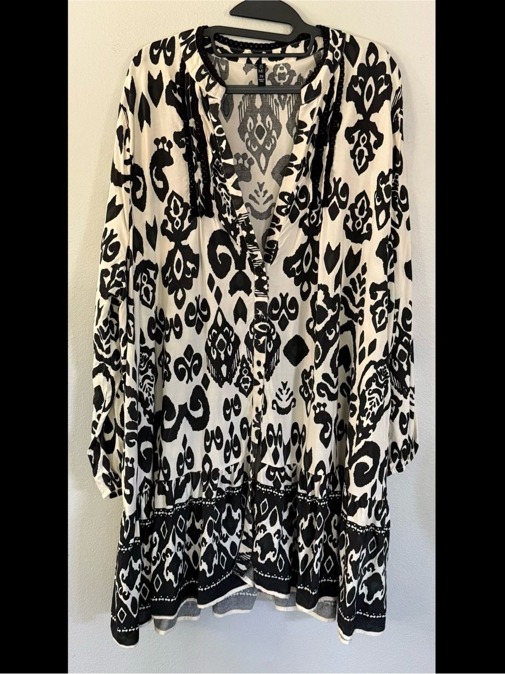 Boho Me Button Front Tiered Boutique Tunic Dress Women’s Plus 2X Black Ivory